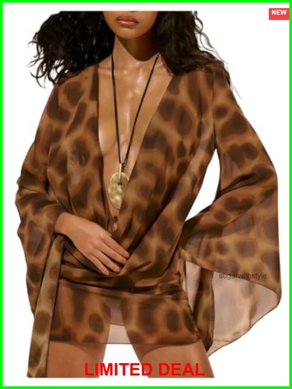 Leopard Chiffon Cover Up Deep V Cowl Neck Bell Sleeve Mini Dress
